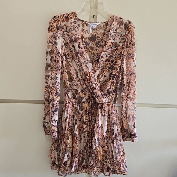 BCBGeneration, floral coral faux wrap layered mini dress, long sleeve with butto - Picture 1 of 7